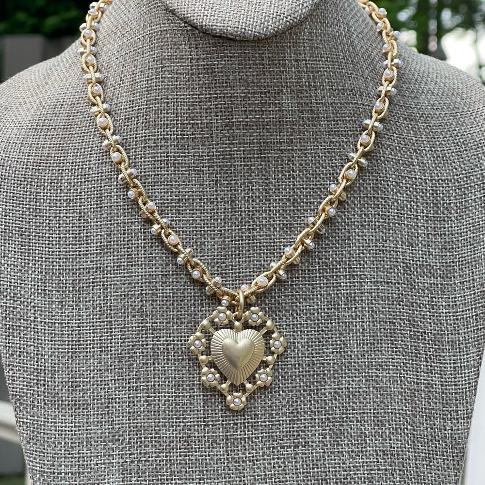 Matte Gold Heart Pendant with faux Pearls Necklace